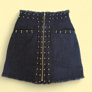 Faveciros Studded Denim Skort Zip Front Dark Wash XS S